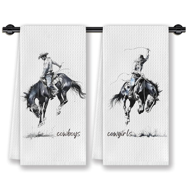 CosxHabitat Western Cowboy Cowgirl Kitchen Dish Towels, Vintage Rodeo Wild Western Hand Tea Towels for Bathroom Kitchen, Cowgirl Cowboy Bathroom Decor, 16x24 Inches Set of 2