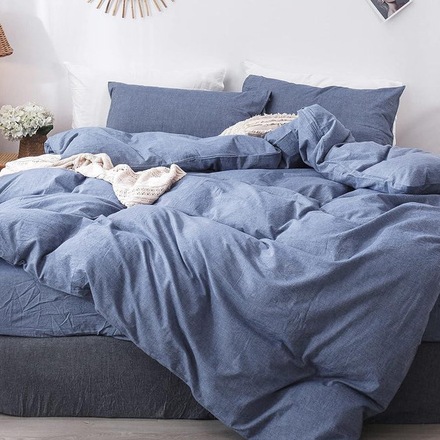 MooMee Bedding Duvet Cover Set 100% Washed Cotton Linen Like Textured Breathable Durable Soft Comfy (Blue, Oversized King)