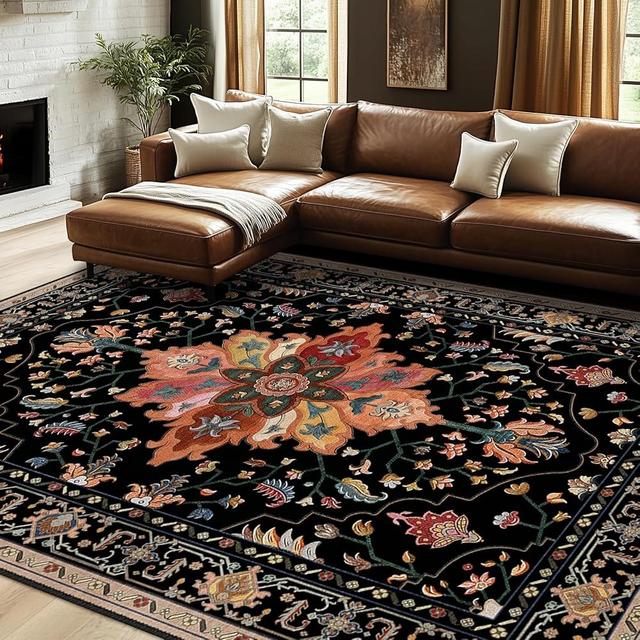 RELEANY Area Rugs 8'x10' Washable Non-Slip, Floral Vintage Distress Print Pattern Medallion Carpet for Living Room Bedroom Dining Room, Black Colorful Floral Dark Tan