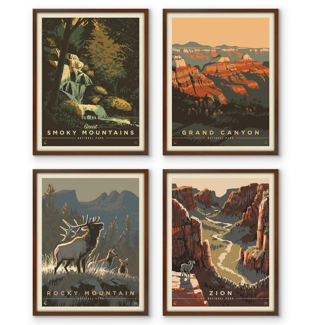 Americanflat Set of 4 National Park Prints by Anderson Design Group - Ready Framed Artwork in 11X14 Mahogany Frames
