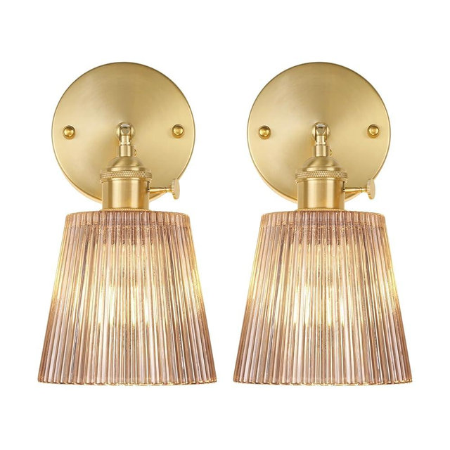 Shenmoyl Vintage Wall Sconces Set of 2 with Amber Stripe Glass Lampshade 180 Degree Adjustable Brass Sconces Hardwired Modern Wall Lighting Fixture with Switch for Bedside Bedroom Doorway