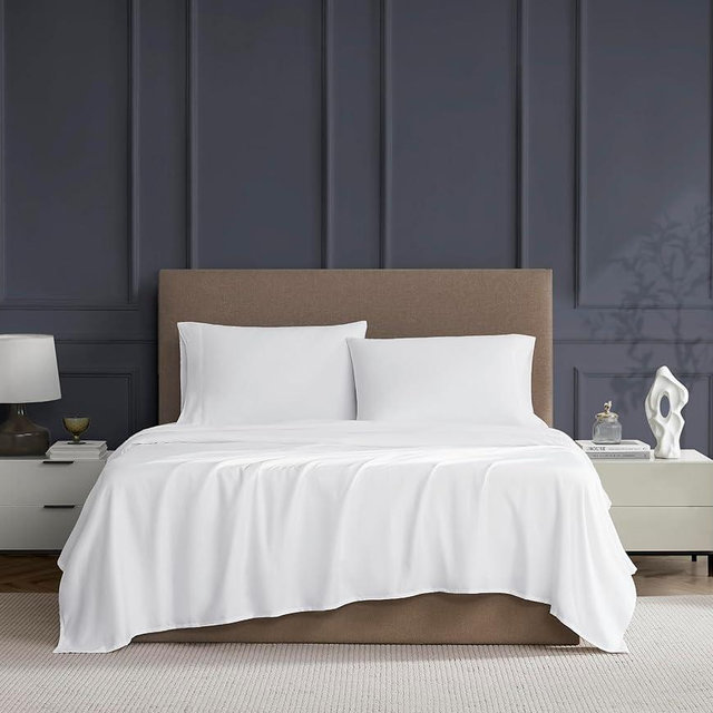 Color Sense 600 Thread Count 100% Long Staple Cotton 4 Piece Bed Sheet Set, Luxury Queen Sheets Sateen Weave, Wrinkle Free, Soft & Silky, Low Pill,Patented Fitted Sheet Fits Upto 18" Deep Pocket,White
