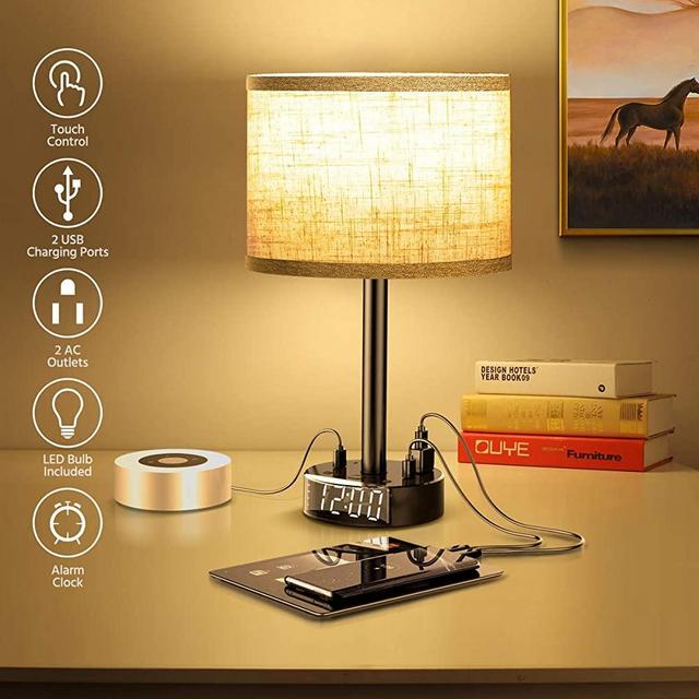 Table Lamp With Alarm Clock, Touch Control Desk Lamp with 2 USB Ports& 2 AC Outlets, Alarm Clock Charging Base w/6Ft Power Cord, 3 Level Brightness Modern Nightstand Lamps for Bedroom Dorm Living Room