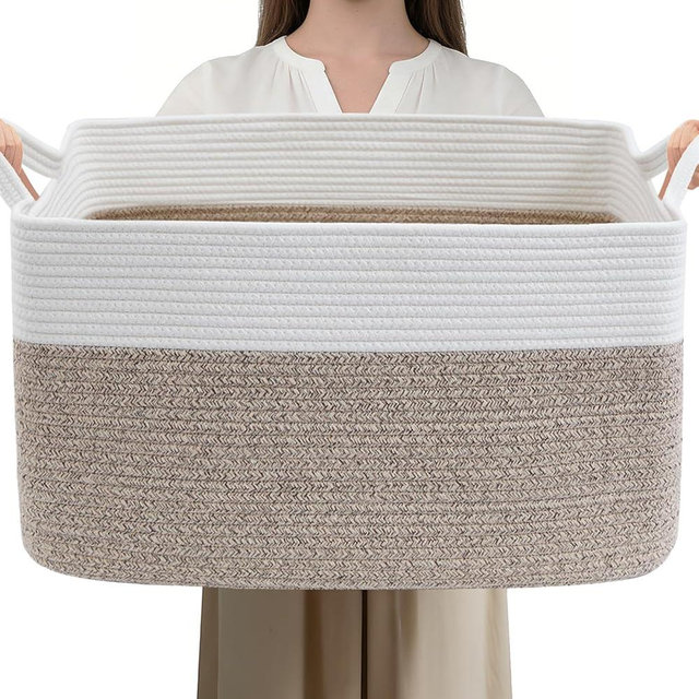 HZFTJOY 65L Large Blanket Basket,21"x16"x12" Rectangle Storage Bin with Handles,Woven Rope Laundry Basket for Toys, Clothes,Pillows,Magazines,Home Organization,Nursery,Living Room&Bedroom,White&Brown