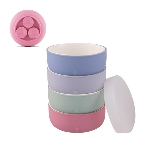 Elk and Friends Kids Porcelain Bowls with Silicone Suction Sleeves | Lids Included | Suitable for Babies/Toddlers | Microwave & Dishwasher Safe | Stay Put Dinnerware | Snack Dishes | 4 Pack