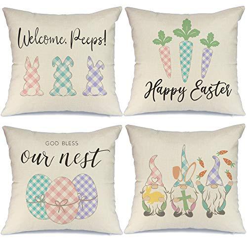 AENEY Easter Pillow Covers 20x20 Set of 4 Easter Decor for Home Happy Easter Bunny Easter Eggs Carrots Gnomes Easter Pillows Decorative Throw Pillows Farmhouse Easter Decorations A340-20