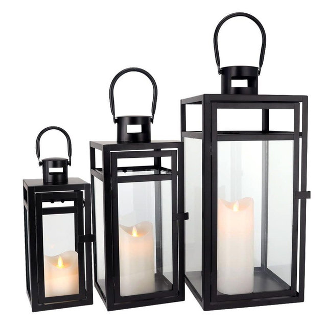 TRIROCKS Stainless Steel Lantern Set of 3 - Assorted Sizes (12/15/19 Inch) - Tall Metal Hanging Lanterns with Clear Glass Panels, Indoor & Outdoor Home Decor for Parties & Events - Black Finish