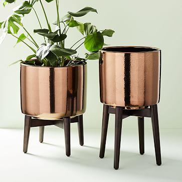 Turned Wood Leg Standing Planters - Metallic