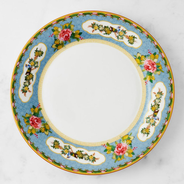 Famille Rose Dinner Plates, Set of 8, Blue Rim