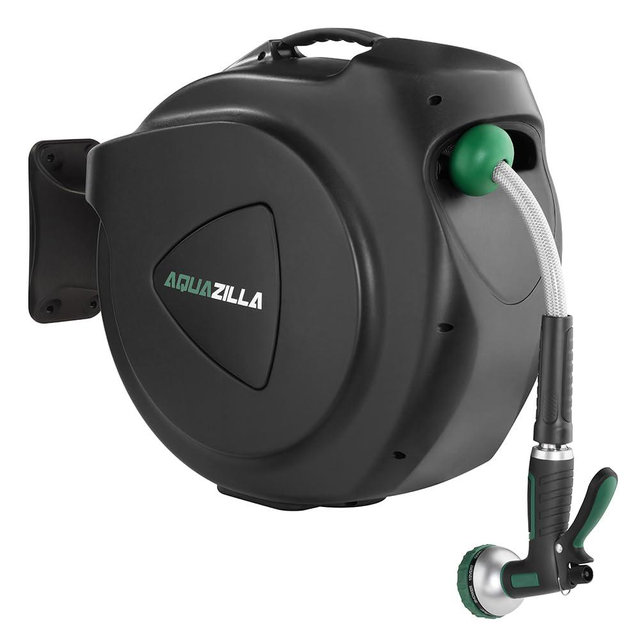 Retractable Garden Hose Reel, 120Ft x 1/2" Durable Wall Mounted Water Hose Reel with 180¡ãSwivel Bracket, 9 Pattern Sprayer, 6Ft leader hose, Smooth Automatic Rewind, Any Length Lock.