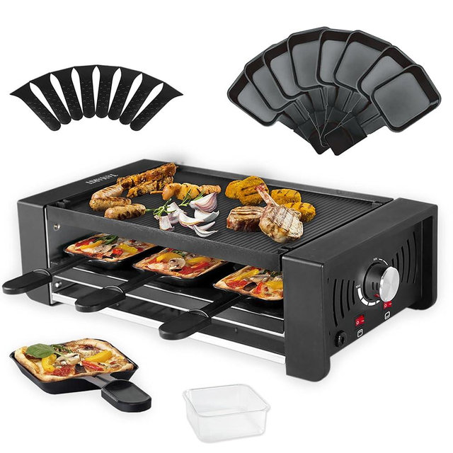 TAMARIT Raclette Party Grill Portable Indoor Electric Korean BBQ Grill 2 in 1 Raclette Table Grill with Ceramic Nonstick Coating Grill Plate 4 Pizza Pans 8 Cheese Trays Upper & Lower Heater,PFAS-No