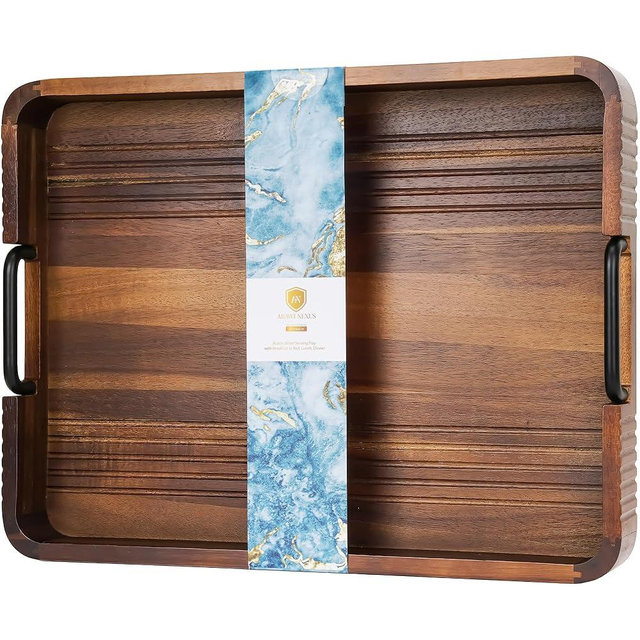 Acacia Wood Serving Tray with Metal Handles, 17x13in, Decorative Coffee Table Tray & Ottoman Tray, Anti-Slip Pads, Dark Wood Tray for Breakfast in Bed, Bar Tray, Gift Box