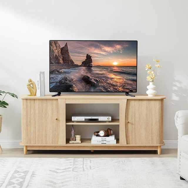 Sylphorium TV Stand, Fluted Media Console Table with Storage and Sliding Door, Farmhouse Entertainment Center for Living Room, Home Office (Natural-No Fireplace)