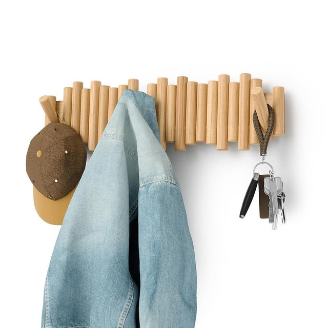 Umbra Picket Coat Rack with 8 Hooks – Natural Wall-Mounted Coat Rack with Flip-Down Wooden Hooks, Real Pine Wood Decorative Wall Storage for Jackets, Hats, Scarves, Bags, Entryway, Bedroom Living Room