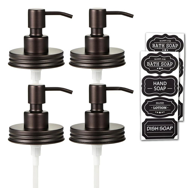 Amolliar Mason Jar Liquid Soap Dispenser Pump Lid, Stainless Steel Pump for 16oz Regular Mouth Jar, Rustic Farmhouse Decor, Kitchen Hand Soap, Dish Soap, Lotion Soap, Bronze 4 Pack, Extra 2 Long Tubes