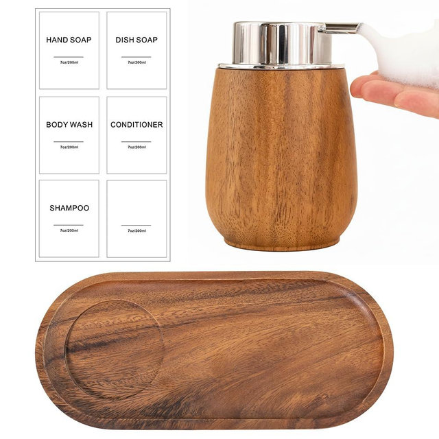 MIGAKU HOME Walnut Wood Soap Dispenser Set with Tray, 7oz/200ml Foaming Hand Soap Dispenser with 6 Labels, Wooden Bathroom Organizer Tray for Toiletries & Aromatherapy, Countertop Bathroom Accessories