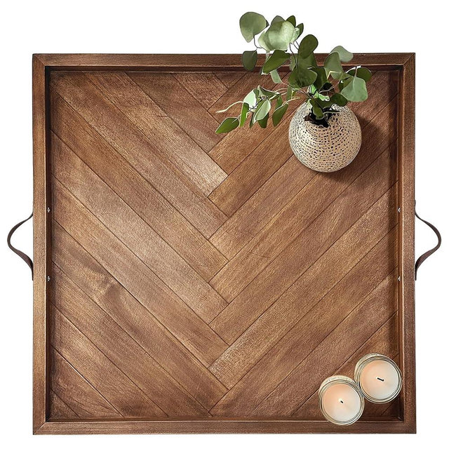 Tray for Ottoman 24 x 24 Inches, Square Ottoman Trays, Large Wooden Tray with Leather Handles, Food Serving Trays for Dinner, Breakfast, Snacks.