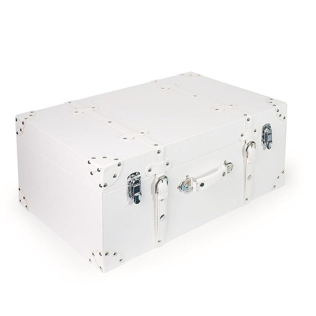 DreamsEden Large Wooden Storage Suitcase, White Elegant Decorative Trunk with Strap Decor, Portable Wood Storage Box Chest Keepsake Case