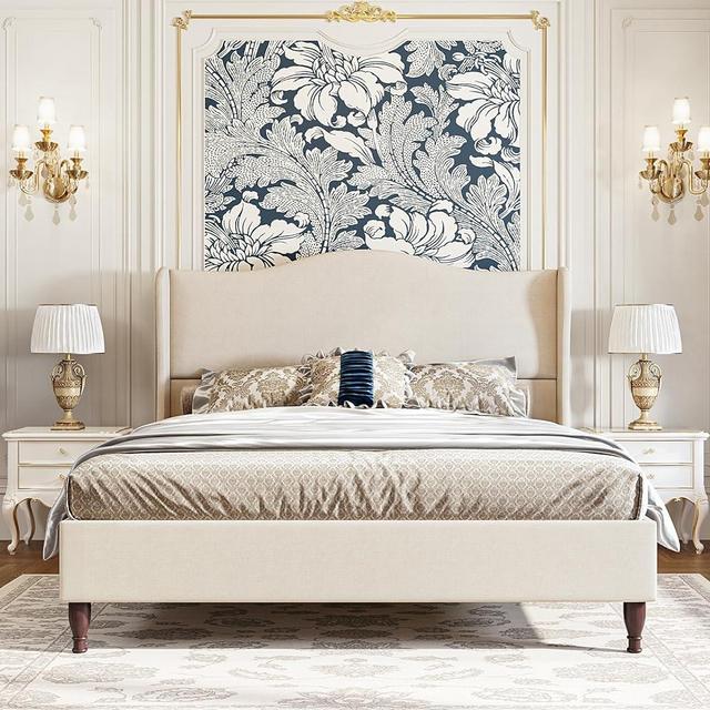 koorlian Queen Size Bed Frame Upholstered Platform Bed with 51" Tall Headboard Wingback, Linen Fabric, Retro Simple Style Platform Bed No Box Spring Needed, Easy Assembly, Beige