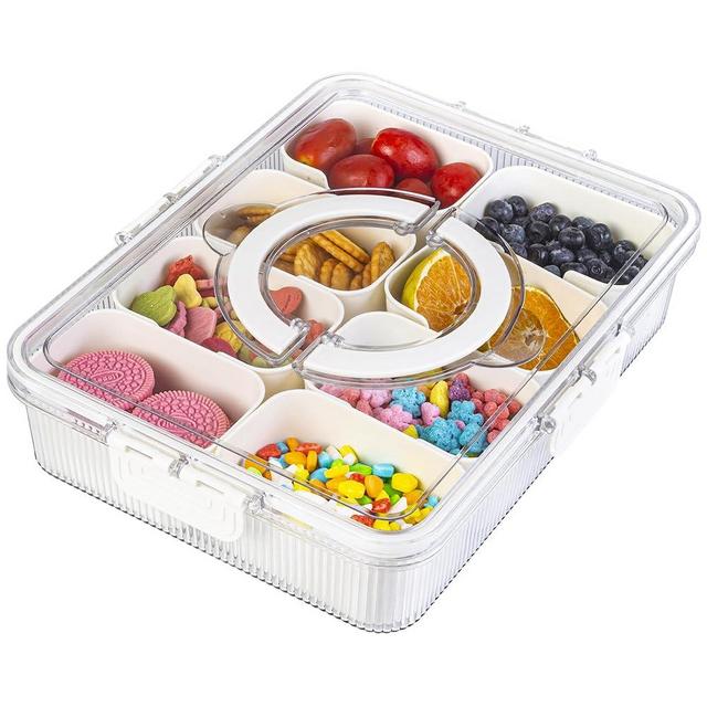 Patent Design Ribbed Snackle Box Container Snack Container Divided Serving Tray with Lid and Handle, 8 Divider Portable Snacklebox for Travel Beach for Charcuterie Veggie Fruit 1 Pack