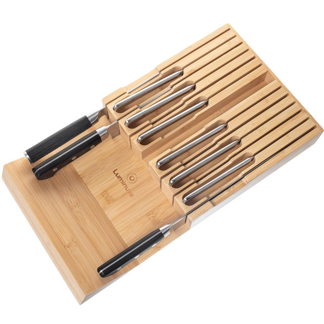 Bamboo Knife Block Drawer Organizer, 5 Knives Non Slip, Durable Drawer Knife Storage, Space-Saving & Sleek Wooden Holder Kitchen Knife Organizer