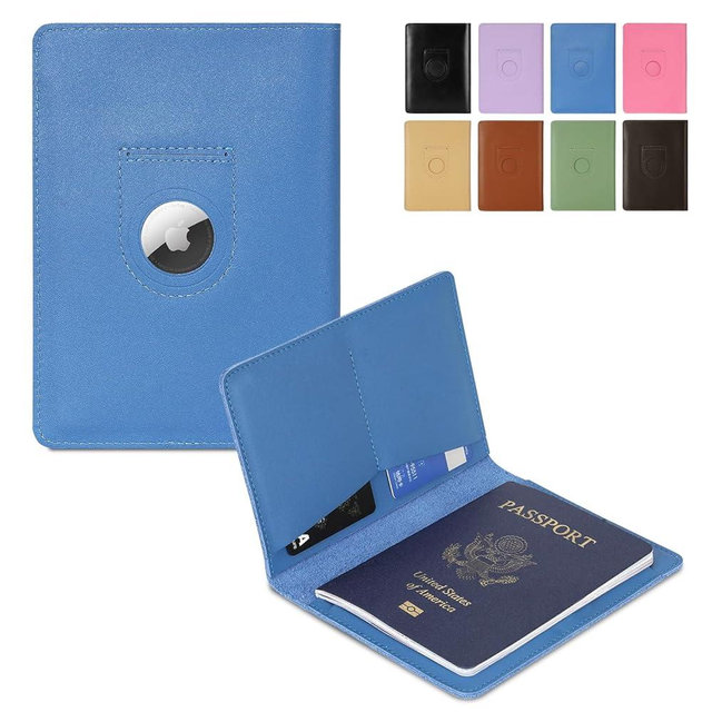 Full Grain Leather AirTag Passport Holder Wallet Cover for Men and Women Travel, Passport Holder with AirTag Slot Passport Wallet, Travel Essentials Genuine Leather Passport Cover Gifts (Blue)