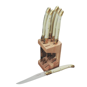 Jean Dubost Laguiole 6-Piece Steak Knife Set, Ivory Handles - 1.2 mm Blades - Rust-Resistant Stainless Steel - Includes Wooden Block - Made in France