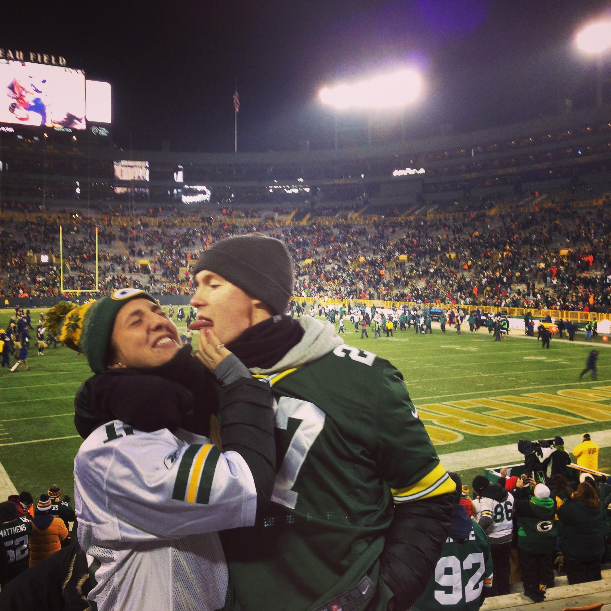 Celebrating a chilly November win at Lambeau Field Stadium with some goofiness.