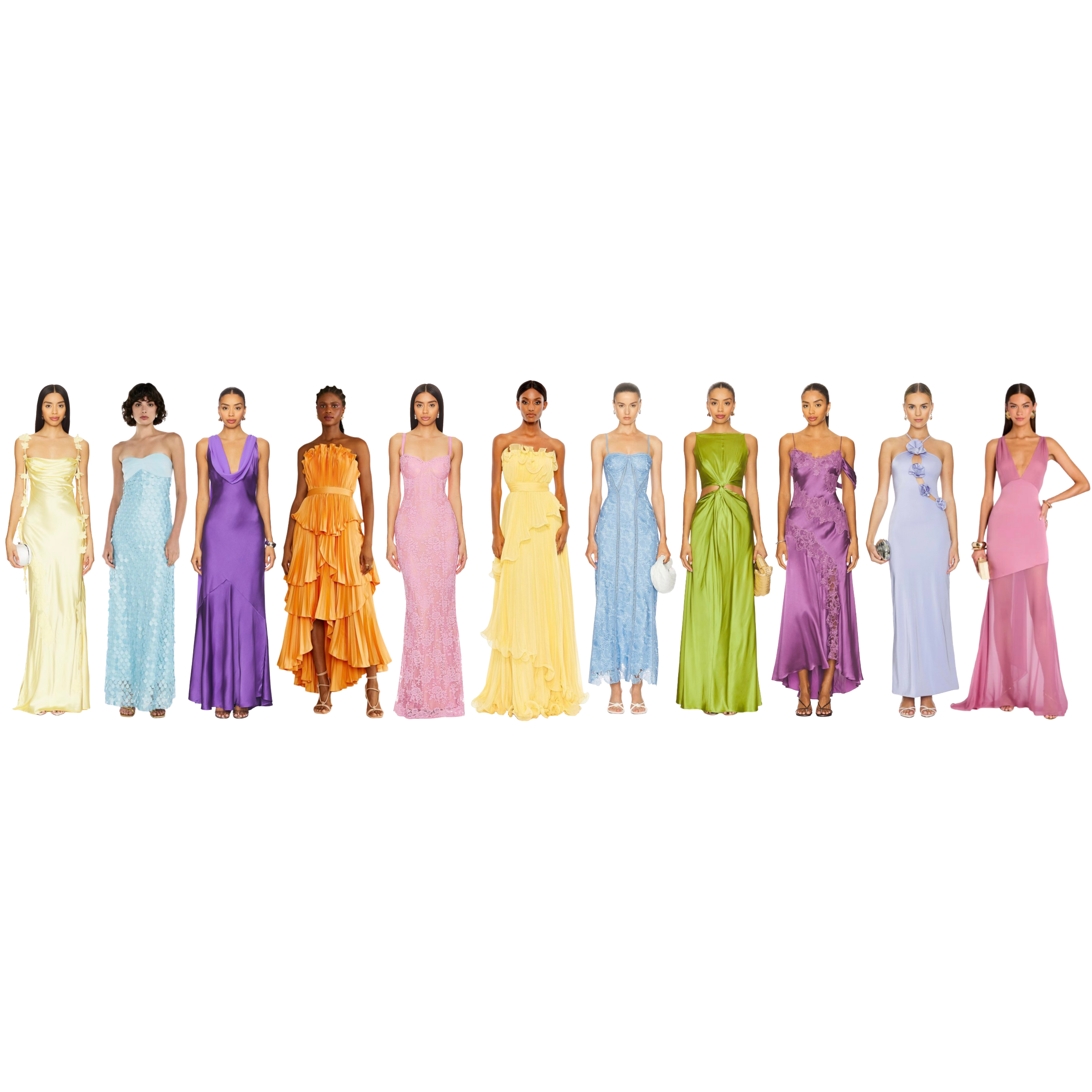 Wedding Formal Attire Examples – Ladies.
Long, colorful dresses encouraged! Bridesmaids will be in sage green. If green is your preferred color choice, please choose brighter shades :)