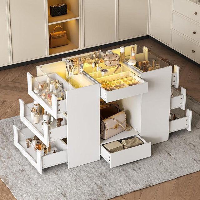 LIVAUVEAD Closet Island with 10 Drawers & Glass Top, White Wardrobe Armoire Island with Display Shelves,Walk-in Closet Island for Bedroom, Cloakroom