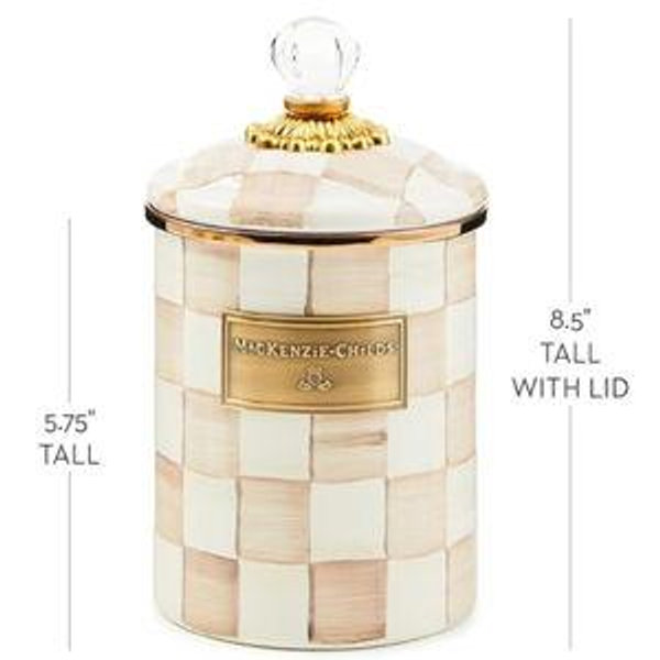 Medium Enamel Canister, Kitchen Storage Container with Lid, Brown-and-White Mocha Check