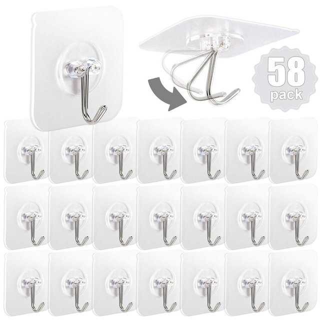 AROIC Adhesive Hooks for Hanging, 58 Packs Hook Heavy Duty Self Adhesive Wall Hooks 20 lbs / 9 kg (Max), Removable, Waterproof Hook for Bedroom Kitchen Bathroom