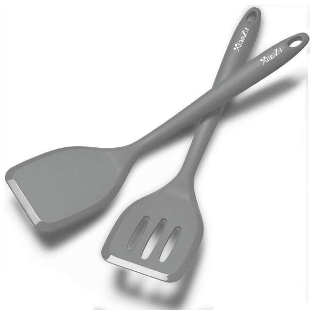 Silicone Spatula Turner Set, High Heat Resistant Spatulas with Seamless One Piece Design, Nonstick Rubber Flippers Utensils for Baking & Cooking,BPA-Free, 2 pack,Black (Grey)