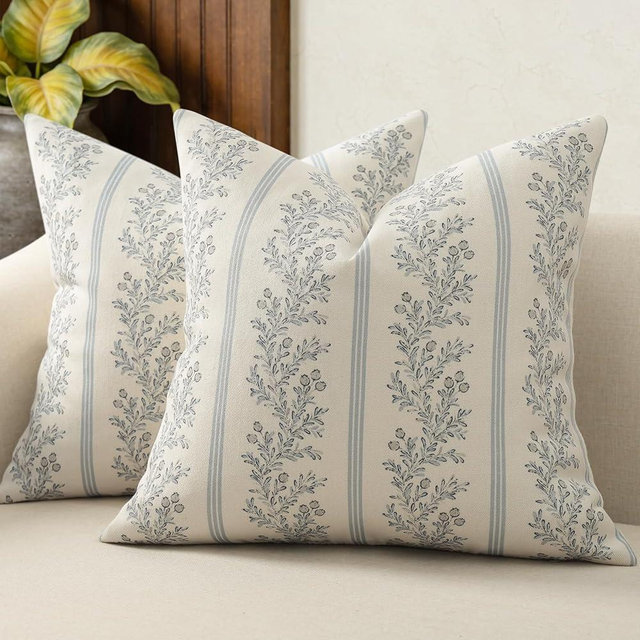 DKwizme Vintage Throw Pillow Covers 22x22 Set of 2, Striped Floral Pillow Cover Botanical Patterned Decorative Cushion Covers Modern Farmhouse Home Decor for Sofa Couch Bed Living Room, Light Blue