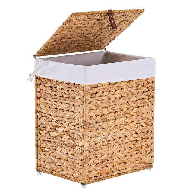 LGENHOOM Handwoven Laundry Basket with Lid, Natural Water Hyacinth Storage Basket with Handle, Removable Cotton Liner, Durable and Stylish for Bedroom, Bathroom, Laundry Room