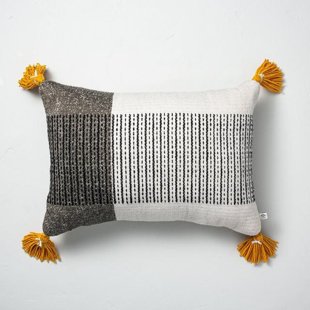14" x 20" Center Stripes Colorblock Indoor/Outdoor Throw Pillow Black/Yellow - Hearth & Hand™ with Magnolia