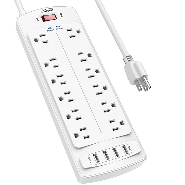 Power Strip ,ALESTOR Surge Protector with 12 Outlets and 4 USB Ports, 6 Feet Extension Cord (1875W/15A) for for Home, Office, Dorm Essentials, 2700 Joules, ETL Listed (White)…