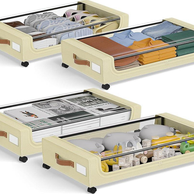 GoMaihe Under Bed Storage with Wheels: XXL 48L Underbed Storage Containers with Clear Lids - Rolling Drawers & Bins for Shoes Clothes in Dorm Bedroom - Space-Saving Easy Pull-out Beige 4-Pack