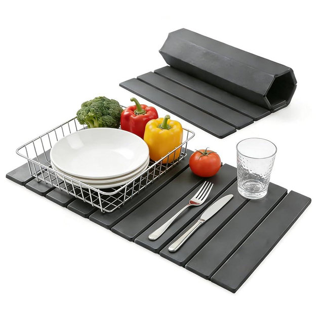 Dish Drying Mats, Large 24x16 Inch Diatomaceous Earth Drying Mat / Fast-Absorbing, Foldable & Non-Slip Stone Kitchen Sink Mat / Eco-Friendly for Dishes (Dark Gray)