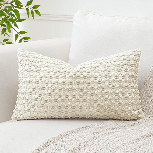 OTOSTAR Pom Poms Decorative Corduroy Throw Pillow Covers 16x24 Inch Super Soft Boho Striped Lumbar Cushion Covers Case Geometric for Sofa Couch Bedroom Car Decor Set of 1, Cream Beige