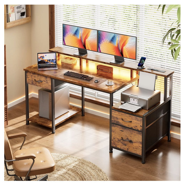 Furnulem - Computer Desk With Drawers Power Outlet Gaming Desk With Storage Shelves for Home Office Desk - Brown