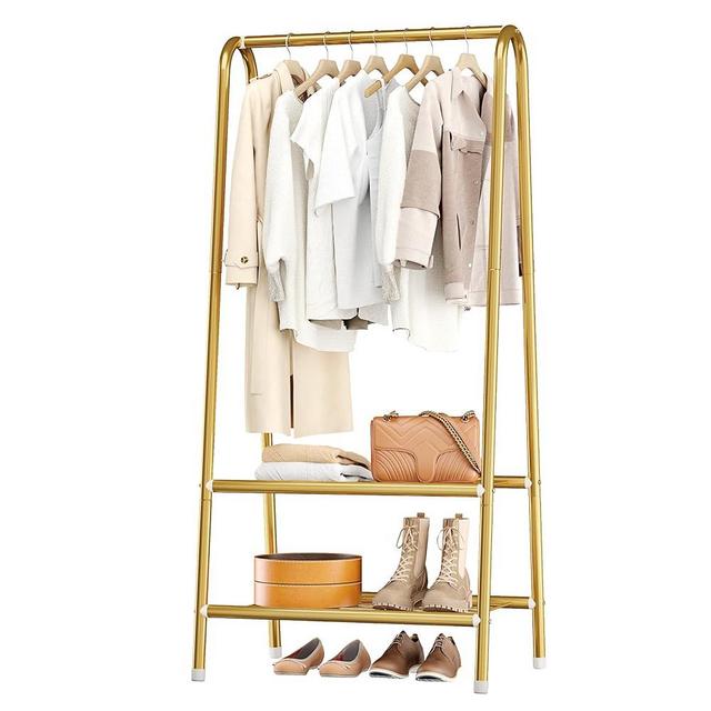 JOISCOPE Sturdy Metal Garment Rack with Double Shelves, Freestanding Portable Metal Clothes Rack for Hanging Clothes, 24.40" L x 13.80" W x 62.00" H Space Saving - Gold