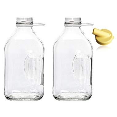 The Dairy Shoppe Heavy Glass Milk Bottles 2 Quart (64 Oz) Jugs with Extra Lids & FREE Pour Spout! (2, 64 oz)