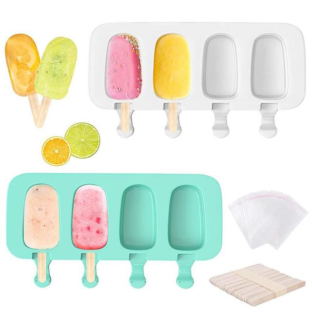 Ouddy 2 Pcs Popsicle Molds, 8 Cavities Silicone Cake Pop Mold & Ice Cream Mold with 50 Wooden Sticks & 50 Self-adhesive Bags for DIY Cake and Ice Pop - White + Green