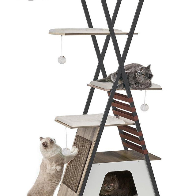 FourFurPets 72.4" Cat Tree, Modern Cat Tower for Indoor Cats, Multi-Level Cat Condo with Caves, Tall Cat Tree with Cat Scratching Board, Wooden Cat Tower with Large Perch, Removable Pads, Camel Brown