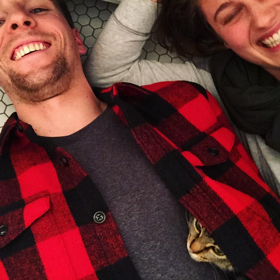 When we adopted Spruce (who was too scared to come out of the bathroom/just wanted to sleep in Jake's jacket)