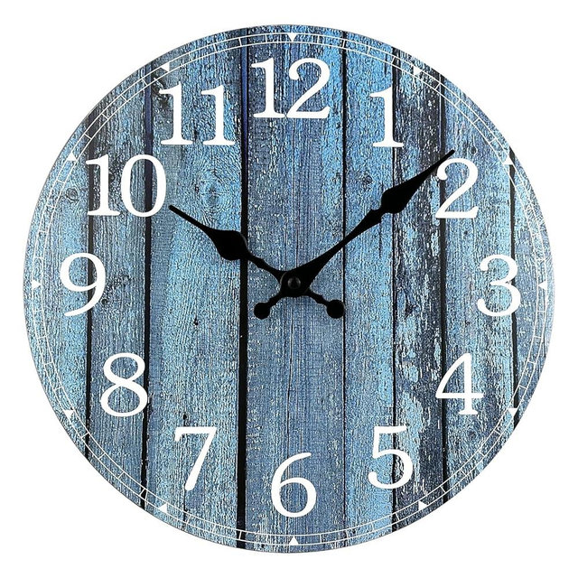 Plumeet Wall Clock, 12'' Frameless Wooden Wall Clocks with Silent Quartz Movement, Rustic Coastal Country Village Clocks Decorative for Kitchen Bedroom Living Room, Blue