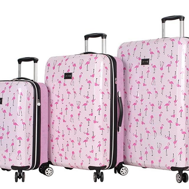 Betsey Johnson Luggage Hardside 3 Piece Set Suitcase With Spinner Wheels (20" 26" 30") (One Size, Flamingo Strut)