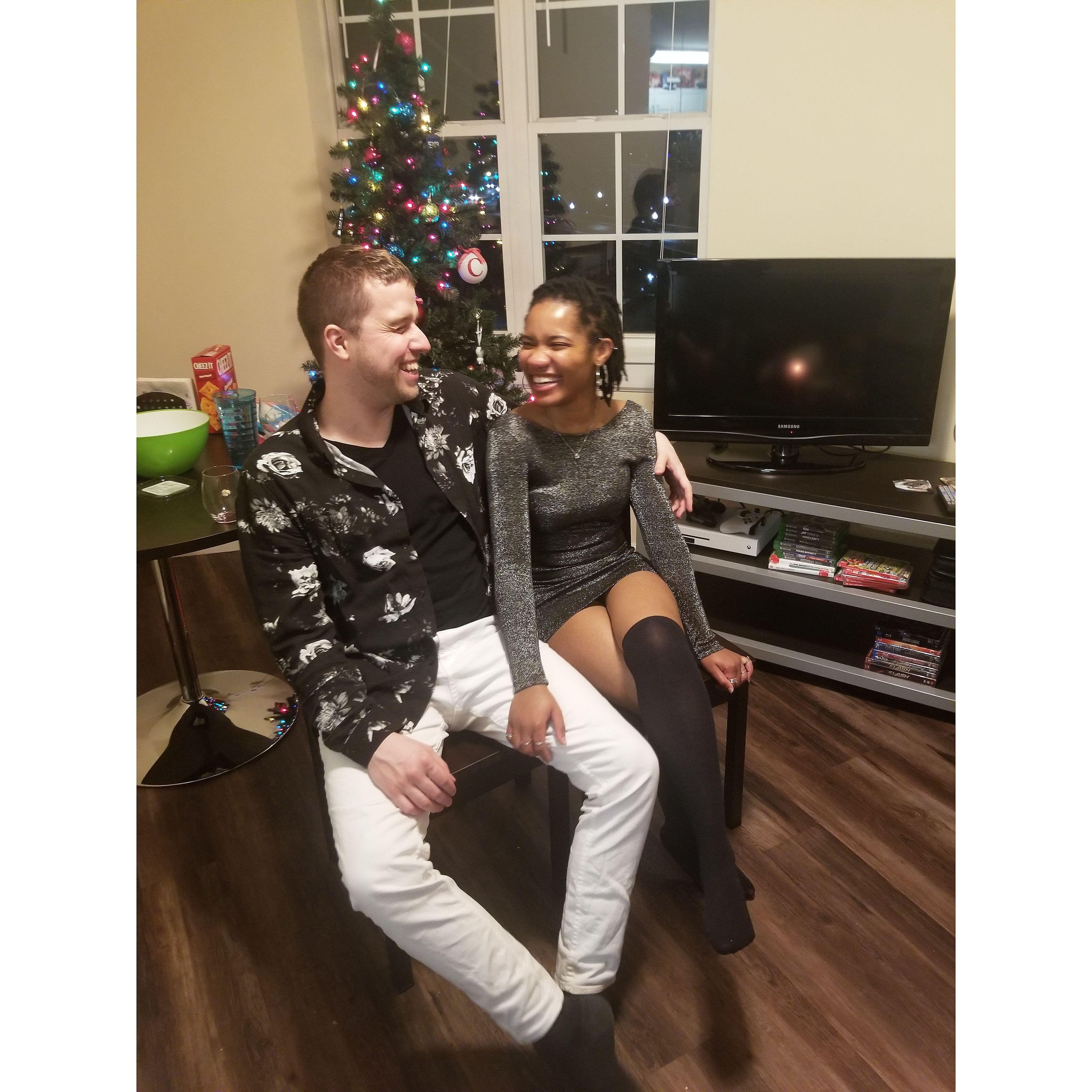 Celebrating our first Christmas together (good, pre-covid times...) Our friend snapped a pic of us right when we just looked at each other and laughed.
