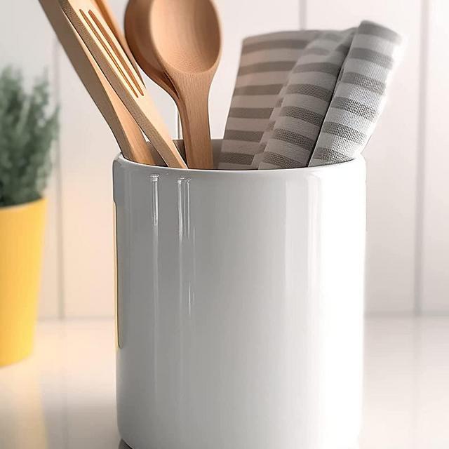 White Utensil Holder for Kitchen Counter - Organize and Modernize your Kitchen | Extra Large White Ceramic Utensil Holder for Kitchen Counter | Includes Soft Microfiber Towel (Utensils Not Included)